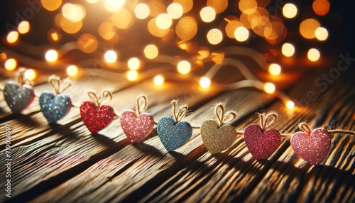 Illuminated Hearts on Wooden Pier. A Romantic Evening Scene