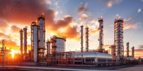 Close up Industrial view at oil refinery plant form industry zone with sunrise and cloudy sky. ai generated. photo