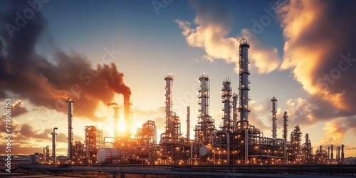 Close up Industrial view at oil refinery plant form industry zone with sunrise and cloudy sky. Generative AI image. photo