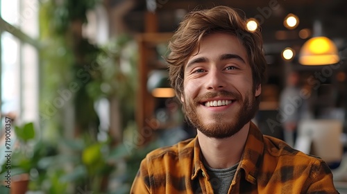 Portrait of a happy and confident person for office interview with a big copy space and blurry office backdrop, Generative AI.