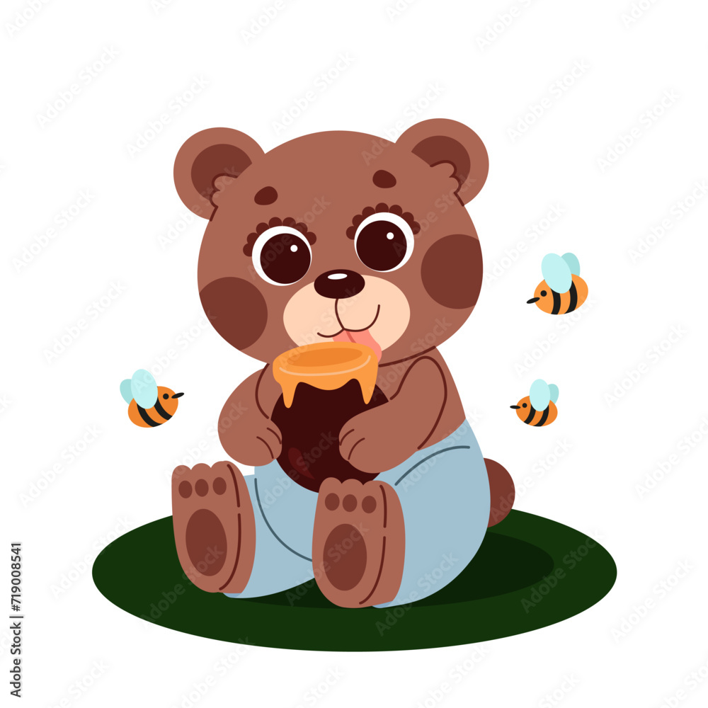 A bear with honey and bees. A bear with honey and bees.