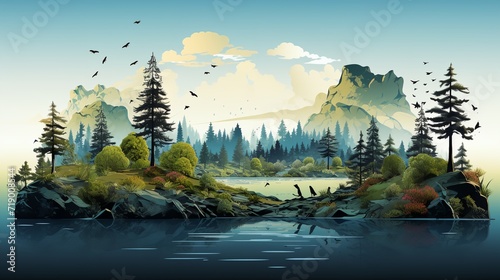 a painting of a lake with a mountain