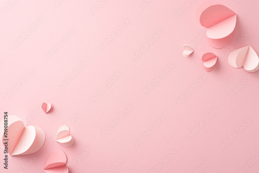 Infuse your Woman Day wishes with romance using this top view image of hearts on a pastel pink background. The blank space invites you to insert your own message or promotional content