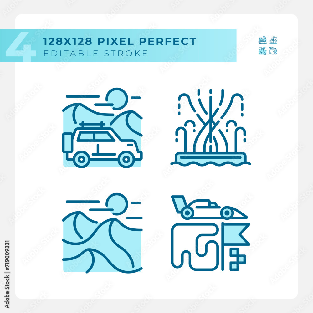 Sightseeing Dubai tourism light blue icons. Jeep trip. Dune bashing safari. formula one grand prix racing. RGB color. Website icons set. Simple design element. Contour drawing. Line illustration Sightseeing Dubai tourism light blue icons. Jeep trip. Dune bashing safari. formula one grand prix racing. RGB color. Website icons set. Simple design element. Contour drawing. Line illustration