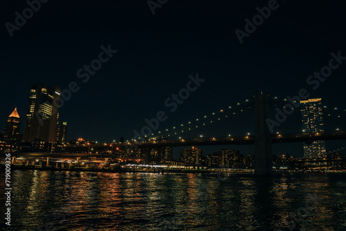Brooklyn Bridge and panoramic night view of downtown Manhattan after sunset in New York City  USA