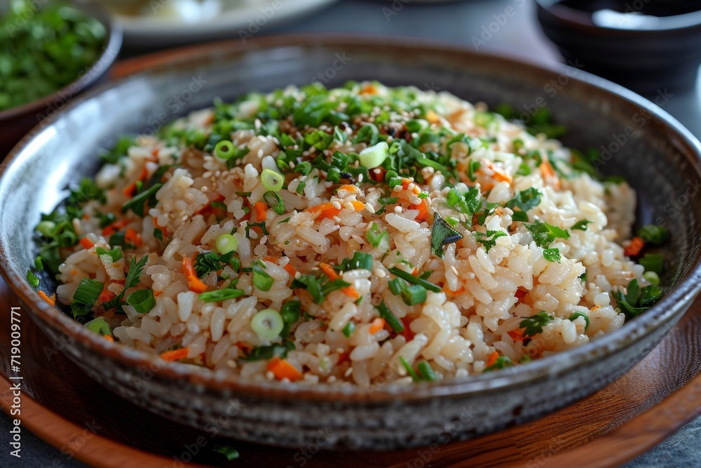 the essence of a wholesome and nutritious meal by creating images that showcase a plate of five-grain rice with Namul the essence of a wholesome and nutritious meal by creating images that showcase a plate of five-grain rice with Namul