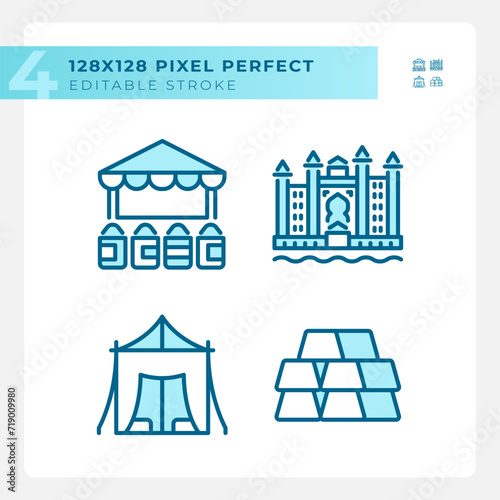 Uae wealth arabic heritage light blue icons. Famous urban landmarks. Luxury architecture. Modern emiratis. RGB color. Website icons set. Simple design element. Contour drawing. Line illustration
