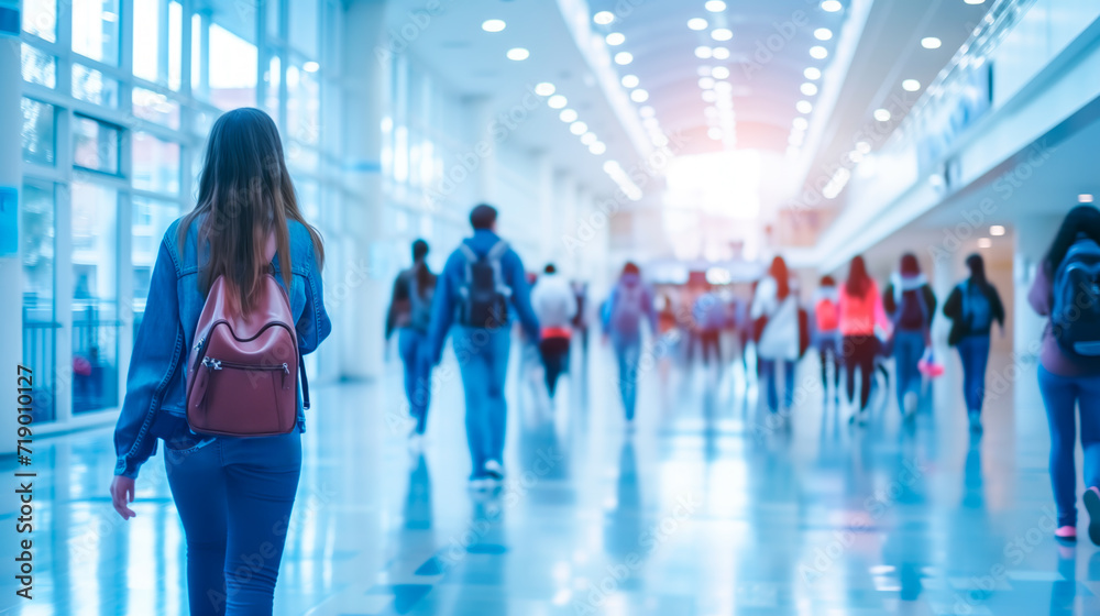 Student walking in school hallway with motion blur of bustling peers.
