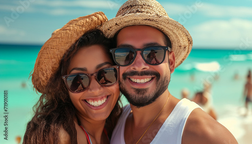 Portrait of a happy couple man and woman in sunglasses on the beach