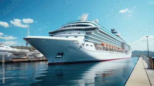 A modern  white cruise ship near the pier  side view. Travel and vacation