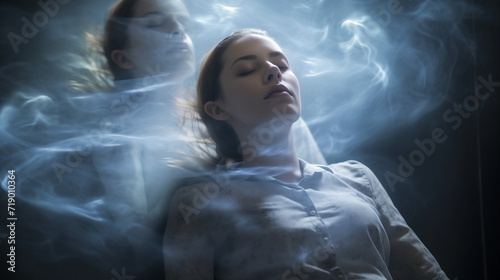 Deceased woman's spirit departing her body