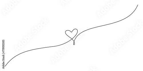 One continuous drawing of two hearts with red color love sign. Thin flourish ribbon and romantic symbol in simple linear style. Editable stroke. Doodle contour vector illustration