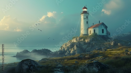 a lighthouse on a small island in the middle of the ocean photo