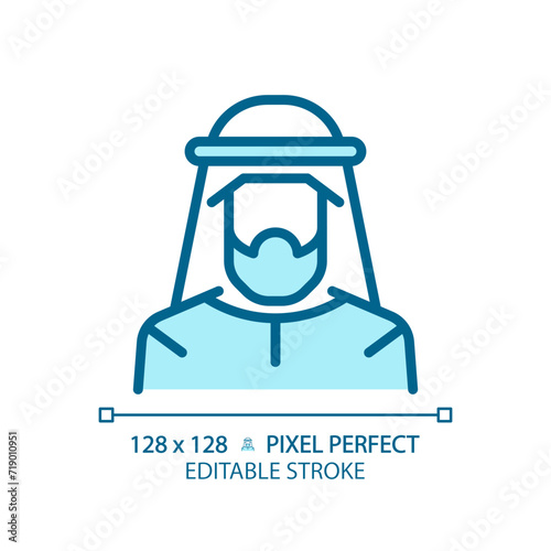 Arabic kandura man light blue icon. Historical religious clothes. Turban middle eastern male. RGB color sign. Simple design. Web symbol. Contour line. Flat illustration. Isolated object