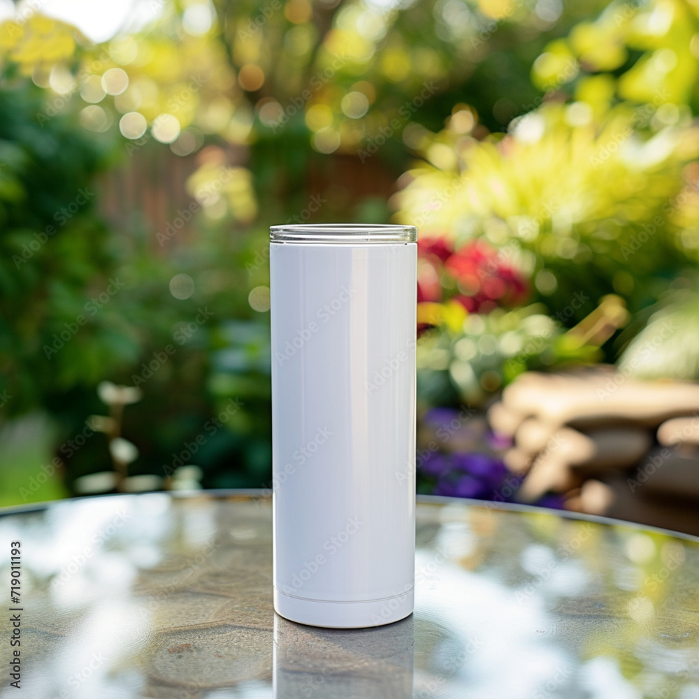 Mockup of a 20oz Straight Skinny Tumbler includes a lid on a table, with a blurred or bokeh background of a Garden Mockup of a 20oz Straight Skinny Tumbler includes a lid on a table, with a blurred or bokeh background of a Garden