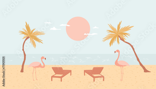 Relaxing on the beach near the sea, sun beds, flamingos and palm trees. Summer vacation concept, minimalistic illustration of balance, tranquility, wellbeing. Dreamy rest on sea landscape.