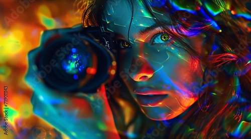 a woman holding a camera up to her face with a colorful background