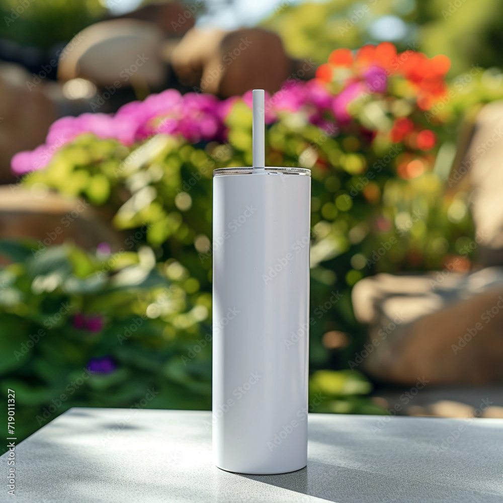 Mockup of a 20oz Straight Skinny Tumbler includes a lid on a table, with a blurred or bokeh background of a Garden Mockup of a 20oz Straight Skinny Tumbler includes a lid on a table, with a blurred or bokeh background of a Garden