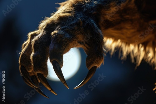 A close-up of a werewolfs paw with sharp claws in the moonlight illustration of a scary monster or animal claw or clawed hand © PinkiePie