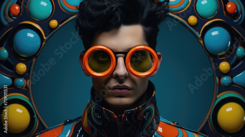A man in the style of the 80s, disco. Portrait of a guy in sunglasses and a bright-colored suit, against a wall with a 3D drawing