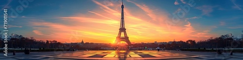 Eiffel Tower and Trocadero Square at sunrise