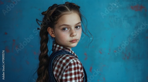 Portrait of a girl on a blue background. A schoolgirl with pigtails, pigtails, blonde hair. The child is seven, eight, nine years old photo