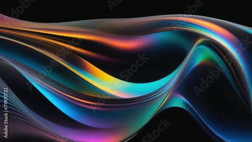 Abstract holographic shape floating on black background. Transparent glass texture on wavy figure. generative, AI.