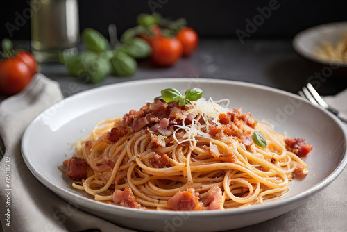 Indulge in the rich flavors of Spaghetti alla Amatriciana, featuring savory pancetta bacon, ripe tomatoes, and the perfect touch of pecorino cheese. A taste of culinary perfection.