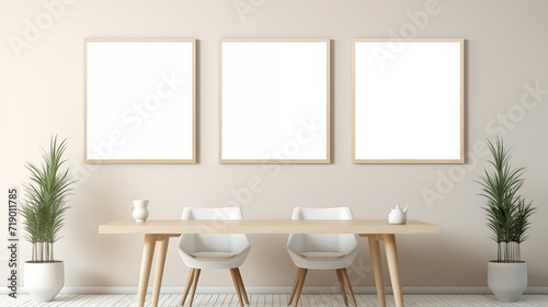 Three empty white frame on beige wall  minimalist design