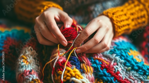 a person holding a colorful knitted object with a needle photo