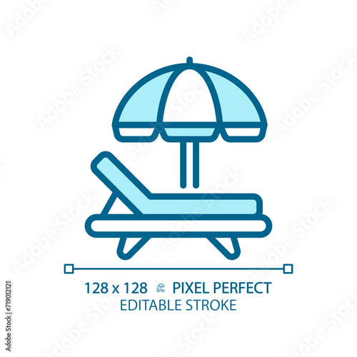 Sun lounger romantic vacation resort light blue icon. Tourist paradise. Magnificent travel relaxation. RGB color sign. Simple design. Web symbol. Contour line. Flat illustration. Isolated object