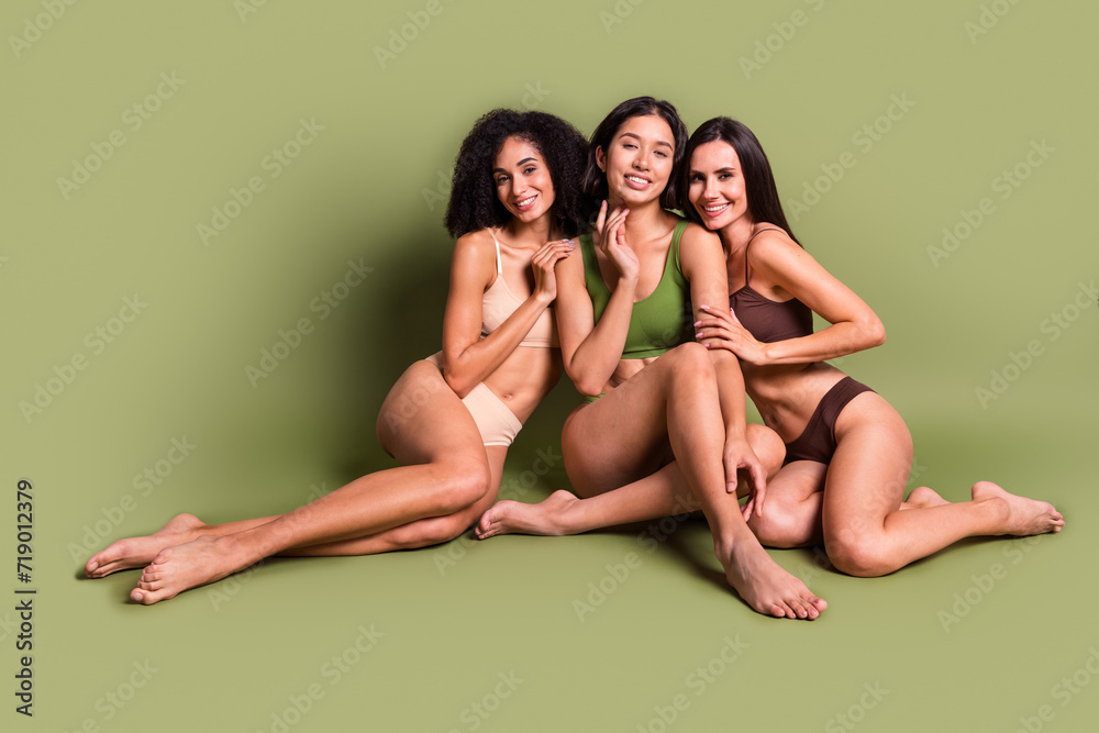 Full length studio photo of dreamy charming women wear lingerie no retouch skin empty space isolated pastel khaki color background
