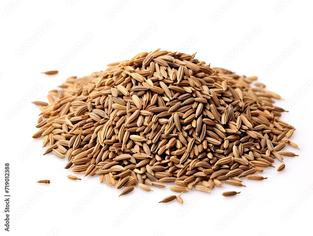 Cumin seeds, earthly & aromatic culinary gems, isolated on white, enhancing flavors with their isolated essence Cumin seeds, earthly & aromatic culinary gems, isolated on white, enhancing flavors with their isolated essence
