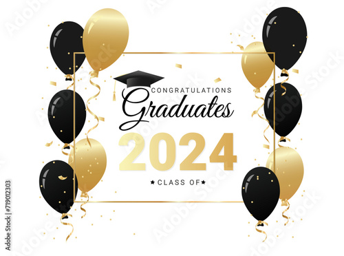 Congratulations to the graduating class of 2024 with gold and black balloons and confetti.Vector illustration