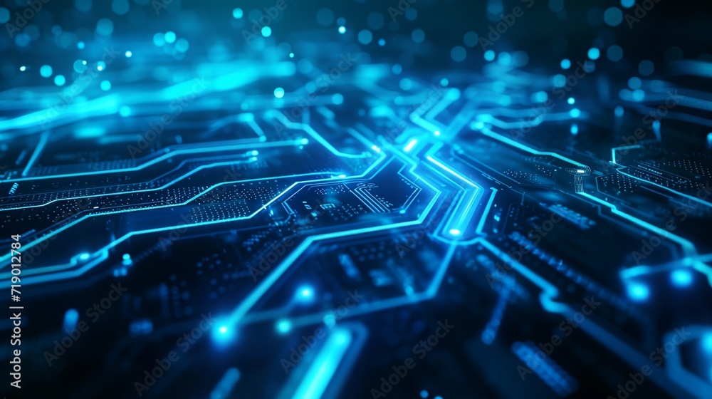 a computer circuit board with blue lights a computer circuit board with blue lights