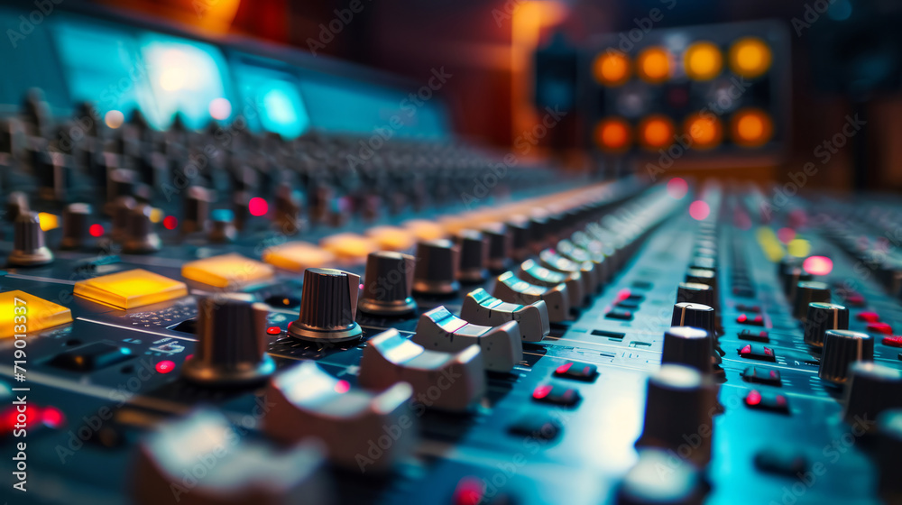 Fototapeta premium Close up wide shot of mixing console in the professional recording studio