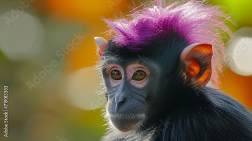 a monkey with a purple mohawk