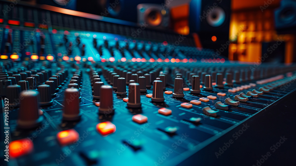 Close up wide shot of mixing console in the professional recording studio