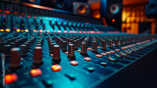 Close up wide shot of mixing console in the professional recording studio