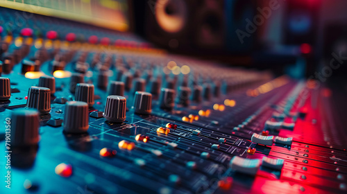 Close up wide shot of mixing console in the professional recording studio