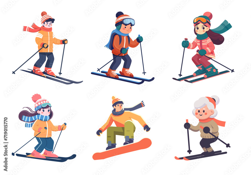 Fototapeta premium Set of skiers characters. Winter sport skiing. Colorful cartoon people isolated on white background. Stikers with ski activity man, boy, woman, girl and old lady. Vector illustration