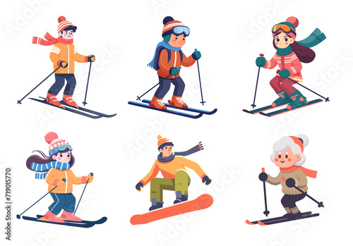 Set of skiers characters. Winter sport skiing. Colorful cartoon people isolated on white background. Stikers with ski activity man, boy, woman, girl and old lady. Vector illustration