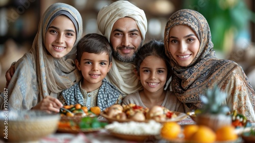 Muslim family at the table eating food and enjoying together