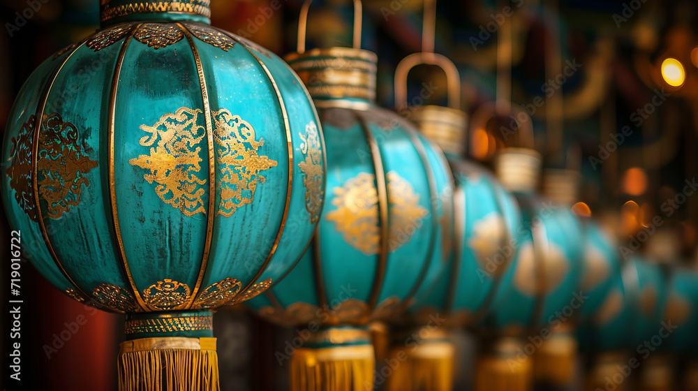 Teal and Gold Chinese Lanterns in a Row