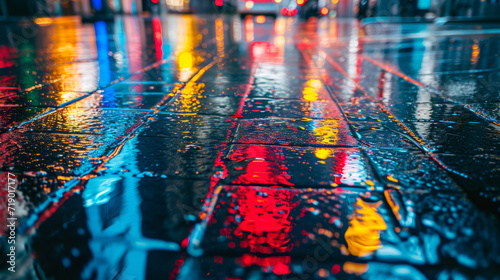 Urban Optical Reflection Photograph depicting the reflection of city lights on a rain-soaked street © standret