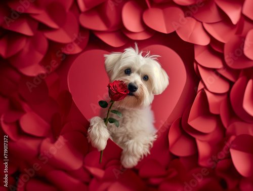 Cute white dog holding rose in red hear frame photo