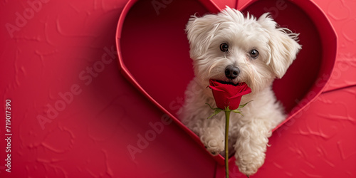 Cute white dog holding rose in red hear frame
