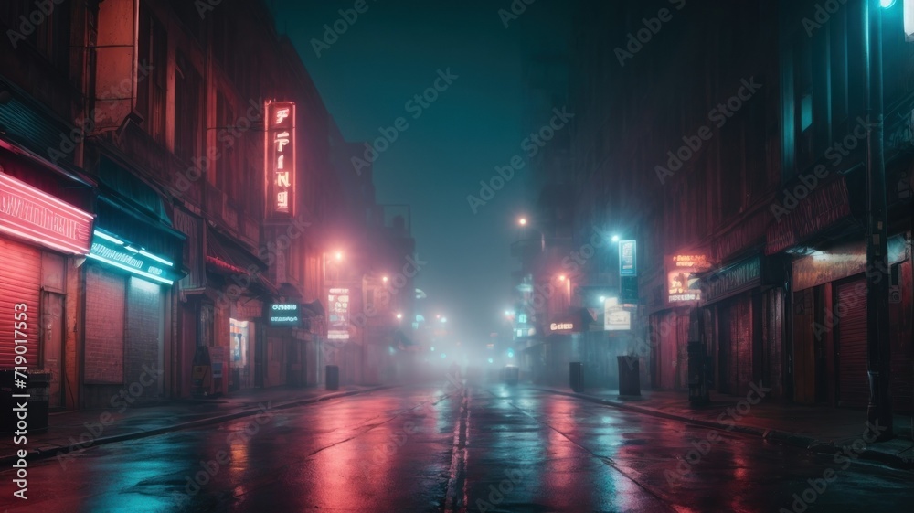 Dark empty foggy street, spotlight, neon, concrete.  generative, AI.