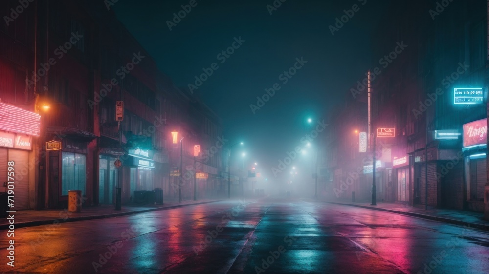 Dark empty foggy street, spotlight, neon, concrete.  generative, AI.