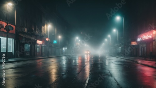 Dark empty foggy street, spotlight, neon, concrete. generative, AI.